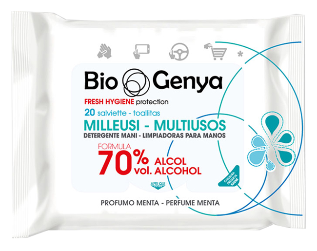 BIOGENYA MILLEUSI IGIENIZZANTI 70% ALCOOL SALVIETTE 20 PEZZI - Farmacia Mastrangelo 