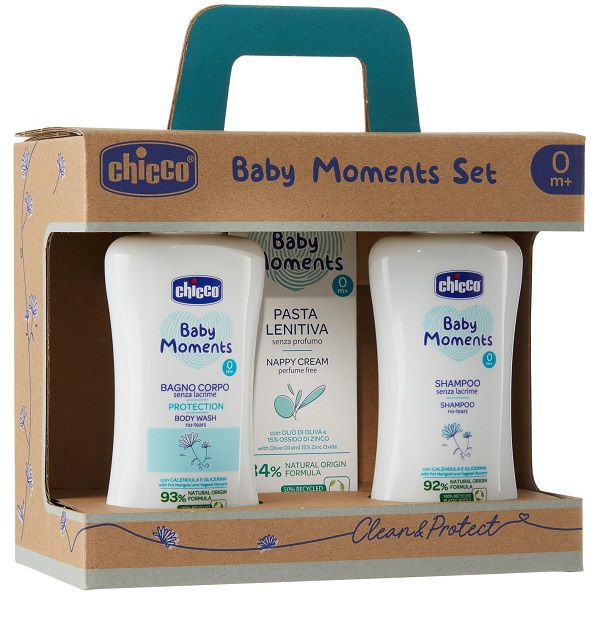CHICCO BABY MOMENTS SET BAGNOCHIUMA PELLI DELICATE 200 ML + SHAMPOO PELLI DELICATE 200 ML + PASTA CAMBIO PELLI DELICATE 100 ML - Farmacia Mastrangelo 