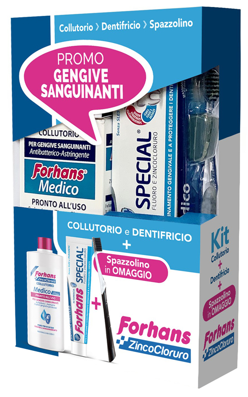 FORHANS KIT GENGIVE SANGUINANTI 1 FORHANS COLLUTORIO MEDICO 250 ML + 1 FORHANS DENTIFRICIO SPECIAL 75 ML + 1 FORHANS SPAZZOLINO MEDICO IN OMAGGIO - Farmacia Mastrangelo 